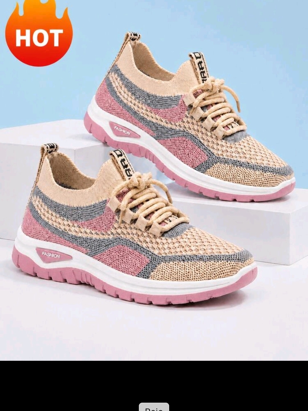 Women’s Breathable Knit Sneakers in Beige and Pink